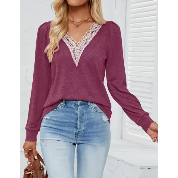 imageZESICA Womens 2024 Casual Long Sleeve T Shirts Lace V Neck Trendy Basic Tops Summer Fall Tee BlouseWine