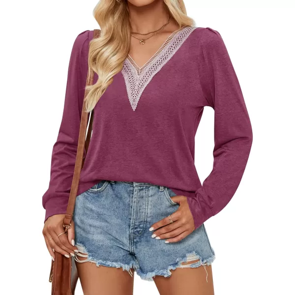 imageZESICA Womens 2024 Casual Long Sleeve T Shirts Lace V Neck Trendy Basic Tops Summer Fall Tee BlouseWine
