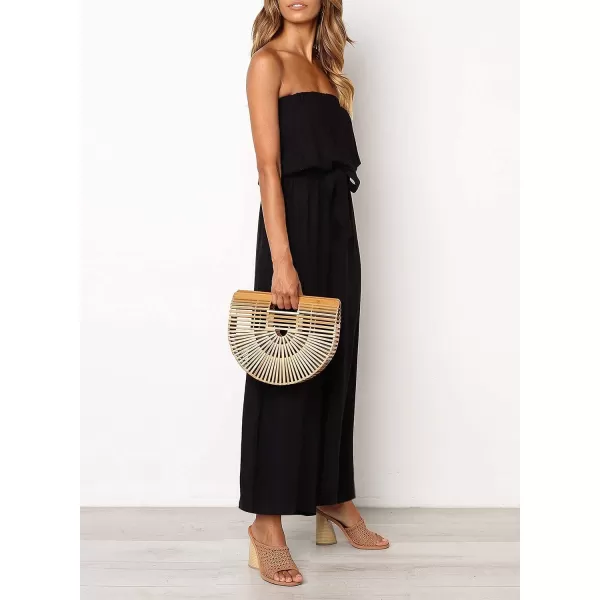 imageZESICA Womens 2024 Casual Off Shoulder Solid Color Strapless Belted Wide Leg Jumpsuit RomperBlack