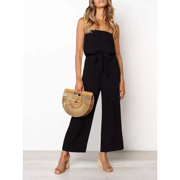 imageZESICA Womens 2024 Casual Off Shoulder Solid Color Strapless Belted Wide Leg Jumpsuit RomperBlack