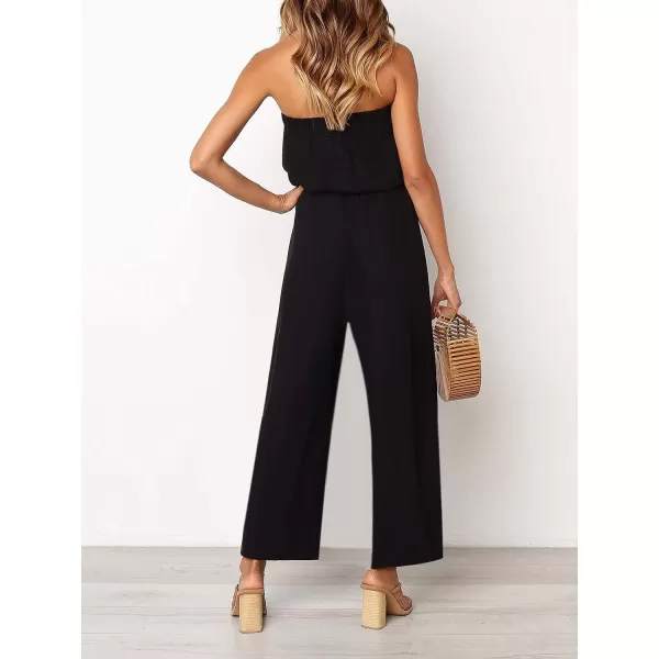 imageZESICA Womens 2024 Casual Off Shoulder Solid Color Strapless Belted Wide Leg Jumpsuit RomperBlack