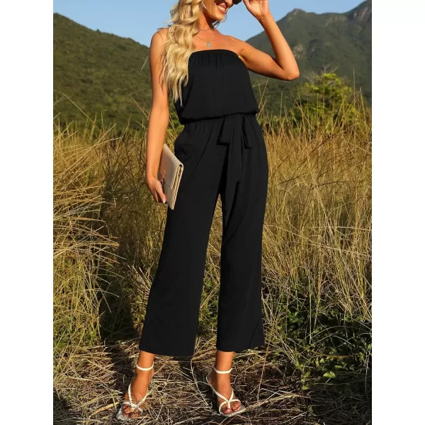 imageZESICA Womens 2024 Casual Off Shoulder Solid Color Strapless Belted Wide Leg Jumpsuit RomperBlack