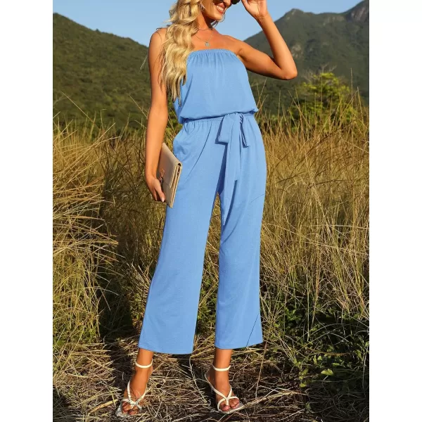 imageZESICA Womens 2024 Casual Off Shoulder Solid Color Strapless Belted Wide Leg Jumpsuit RomperBlue
