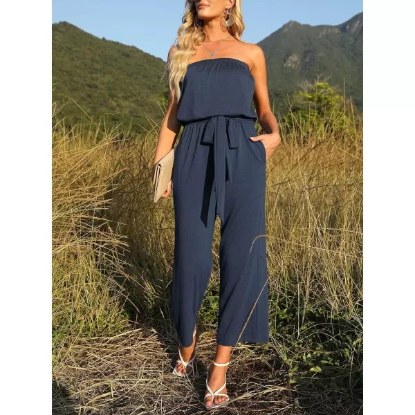 imageZESICA Womens 2024 Casual Off Shoulder Solid Color Strapless Belted Wide Leg Jumpsuit RomperNavy