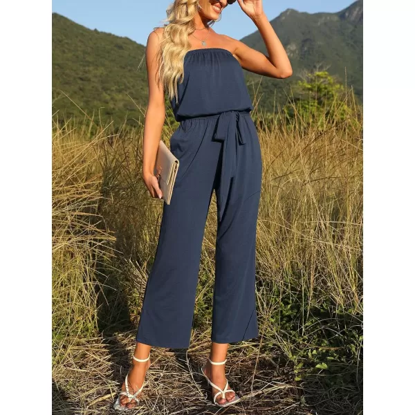 imageZESICA Womens 2024 Casual Off Shoulder Solid Color Strapless Belted Wide Leg Jumpsuit RomperNavy