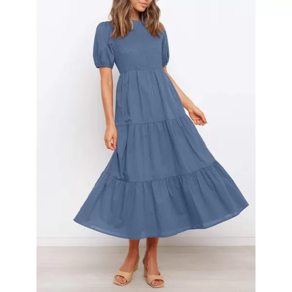 imageZESICA Womens 2024 Casual Summer Crew Neck Short Puff Sleeve Smocked High Waist Ruffle Tiered A Line Midi DressDustyblue
