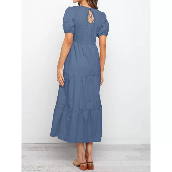 imageZESICA Womens 2024 Casual Summer Crew Neck Short Puff Sleeve Smocked High Waist Ruffle Tiered A Line Midi DressDustyblue