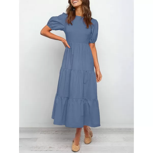imageZESICA Womens 2024 Casual Summer Crew Neck Short Puff Sleeve Smocked High Waist Ruffle Tiered A Line Midi DressDustyblue