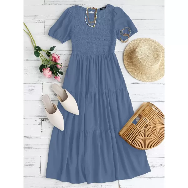 imageZESICA Womens 2024 Casual Summer Crew Neck Short Puff Sleeve Smocked High Waist Ruffle Tiered A Line Midi DressDustyblue