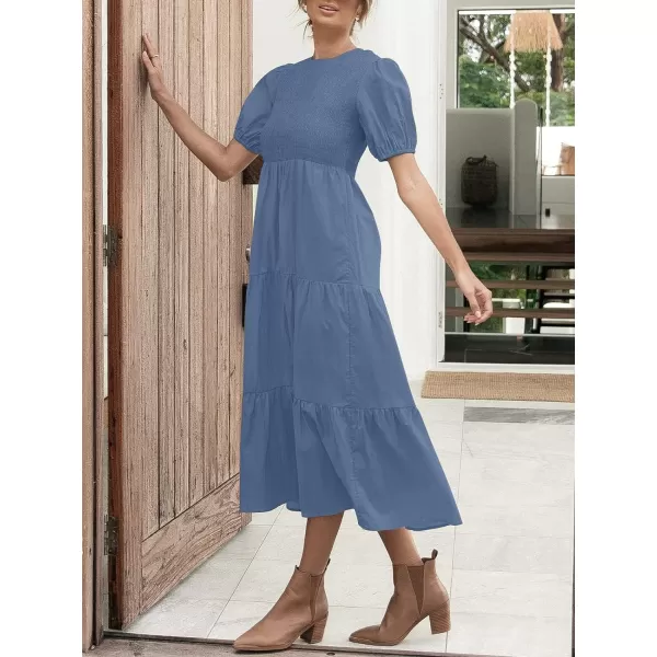 imageZESICA Womens 2024 Casual Summer Crew Neck Short Puff Sleeve Smocked High Waist Ruffle Tiered A Line Midi DressDustyblue