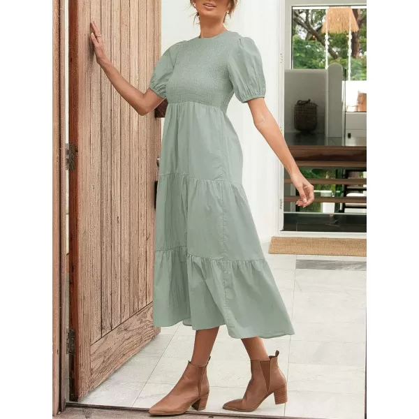 imageZESICA Womens 2024 Casual Summer Crew Neck Short Puff Sleeve Smocked High Waist Ruffle Tiered A Line Midi DressDustygreen