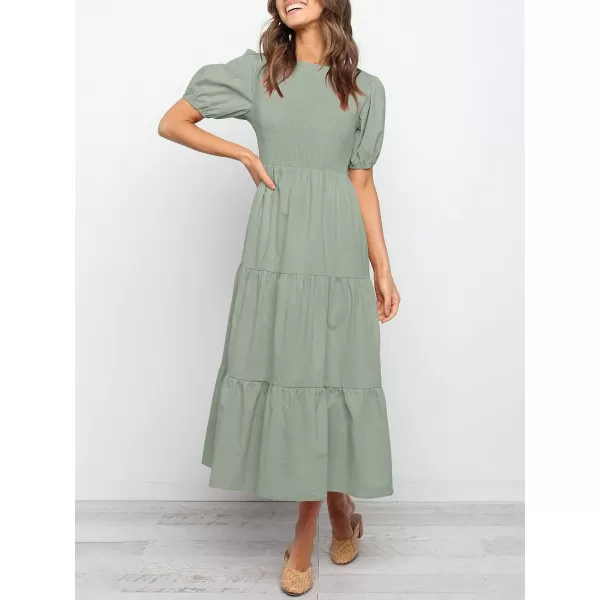 imageZESICA Womens 2024 Casual Summer Crew Neck Short Puff Sleeve Smocked High Waist Ruffle Tiered A Line Midi DressDustygreen