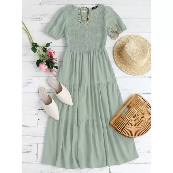 imageZESICA Womens 2024 Casual Summer Crew Neck Short Puff Sleeve Smocked High Waist Ruffle Tiered A Line Midi DressDustygreen