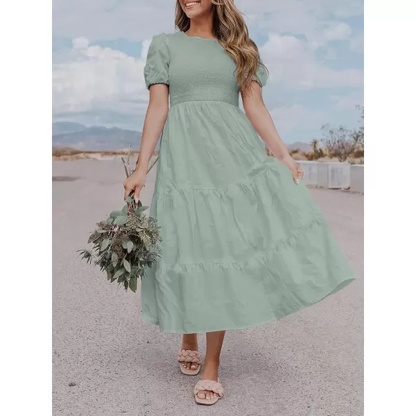 imageZESICA Womens 2024 Casual Summer Crew Neck Short Puff Sleeve Smocked High Waist Ruffle Tiered A Line Midi DressDustygreen