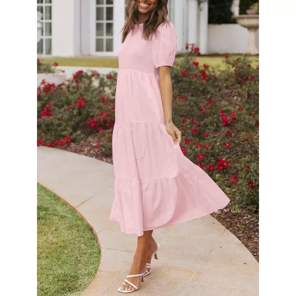 imageZESICA Womens 2024 Casual Summer Crew Neck Short Puff Sleeve Smocked High Waist Ruffle Tiered A Line Midi DressLightpink