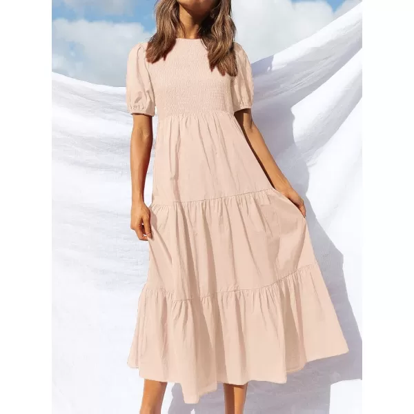 imageZESICA Womens 2024 Casual Summer Crew Neck Short Puff Sleeve Smocked High Waist Ruffle Tiered A Line Midi DressPink