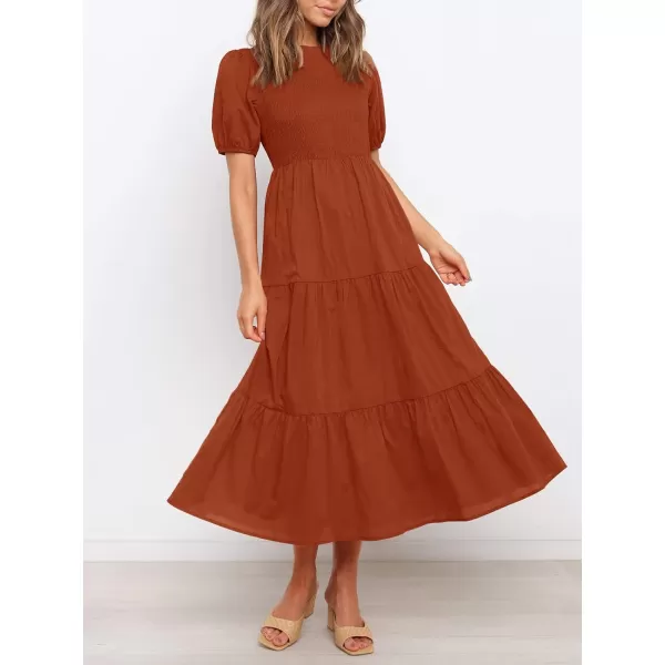 imageZESICA Womens 2024 Casual Summer Crew Neck Short Puff Sleeve Smocked High Waist Ruffle Tiered A Line Midi DressRust