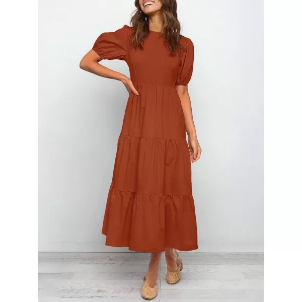 imageZESICA Womens 2024 Casual Summer Crew Neck Short Puff Sleeve Smocked High Waist Ruffle Tiered A Line Midi DressRust