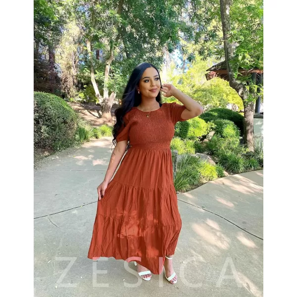 imageZESICA Womens 2024 Casual Summer Crew Neck Short Puff Sleeve Smocked High Waist Ruffle Tiered A Line Midi DressRust