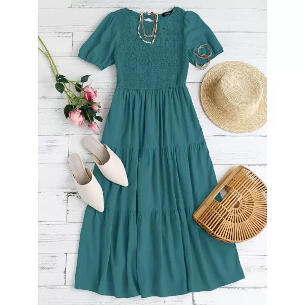 imageZESICA Womens 2024 Casual Summer Crew Neck Short Puff Sleeve Smocked High Waist Ruffle Tiered A Line Midi DressTeal