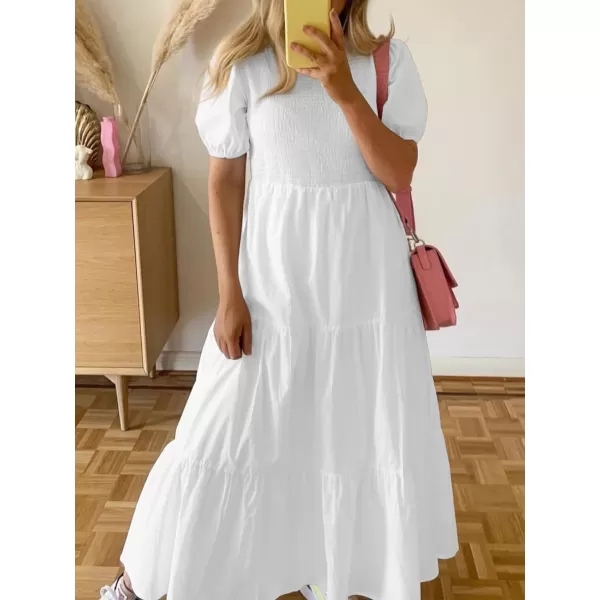 imageZESICA Womens 2024 Casual Summer Crew Neck Short Puff Sleeve Smocked High Waist Ruffle Tiered A Line Midi DressWhite