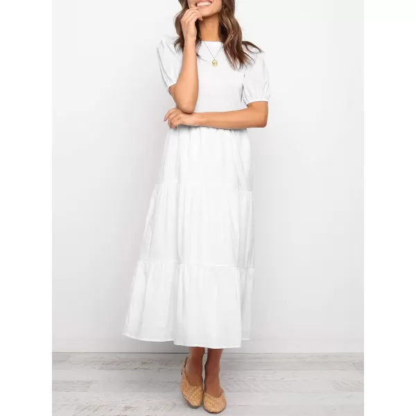 imageZESICA Womens 2024 Casual Summer Crew Neck Short Puff Sleeve Smocked High Waist Ruffle Tiered A Line Midi DressWhite