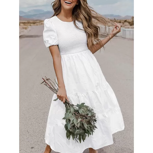 imageZESICA Womens 2024 Casual Summer Crew Neck Short Puff Sleeve Smocked High Waist Ruffle Tiered A Line Midi DressWhite