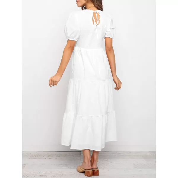 imageZESICA Womens 2024 Casual Summer Crew Neck Short Puff Sleeve Smocked High Waist Ruffle Tiered A Line Midi DressWhite