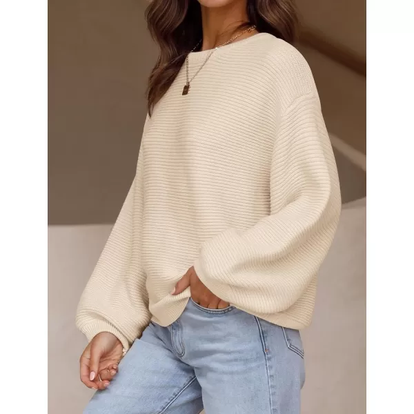 imageZESICA Womens 2024 Crew Neck Long Lantern Sleeve Casual Loose Ribbed Knit Solid Soft Pullover Sweater TopsApricot