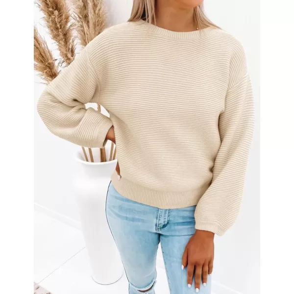 imageZESICA Womens 2024 Crew Neck Long Lantern Sleeve Casual Loose Ribbed Knit Solid Soft Pullover Sweater TopsApricot