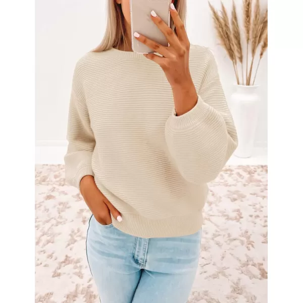 imageZESICA Womens 2024 Crew Neck Long Lantern Sleeve Casual Loose Ribbed Knit Solid Soft Pullover Sweater TopsApricot