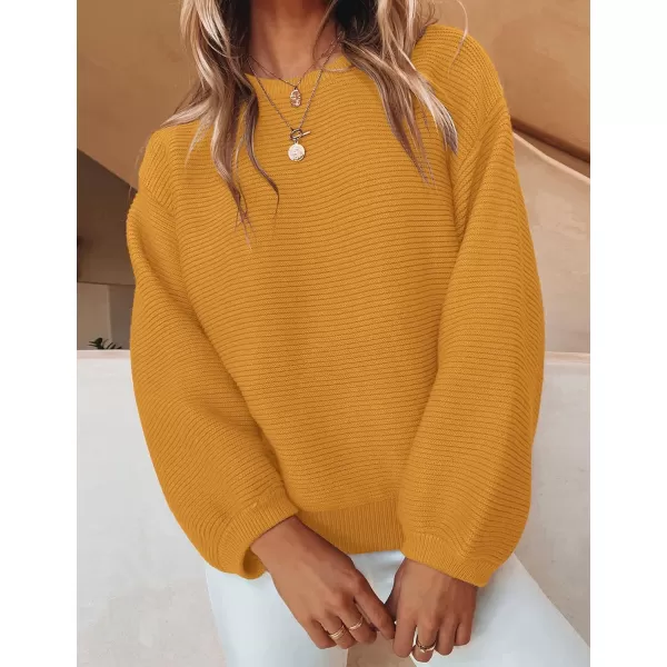 imageZESICA Womens 2024 Crew Neck Long Lantern Sleeve Casual Loose Ribbed Knit Solid Soft Pullover Sweater TopsGinger