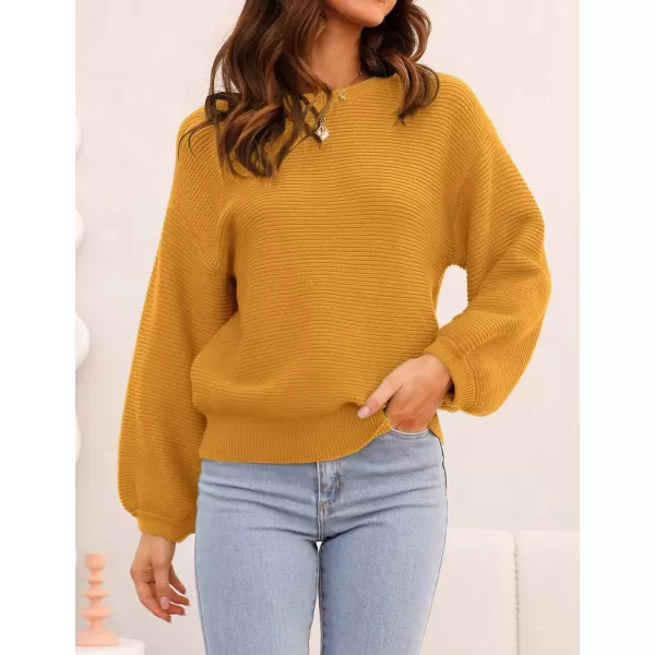imageZESICA Womens 2024 Crew Neck Long Lantern Sleeve Casual Loose Ribbed Knit Solid Soft Pullover Sweater TopsGinger