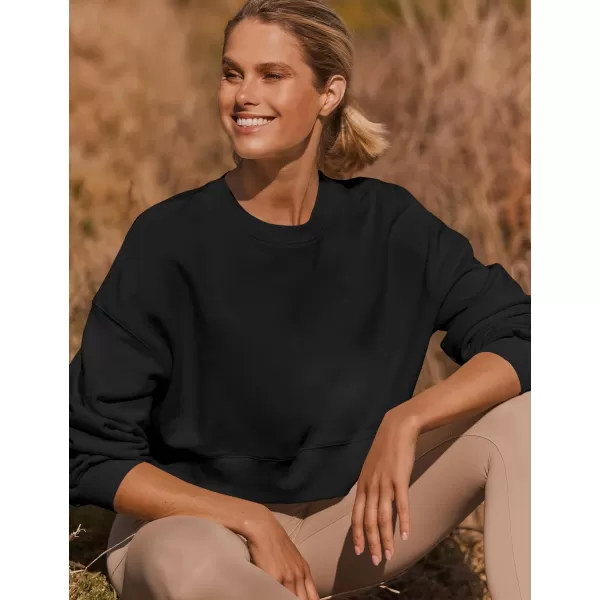 imageZESICA Womens 2024 Crop Sweatshirts Casual Long Sleeve Crewneck Solid Color Y2K Fleece Loose Pullover Sweatshirt TopsBlack