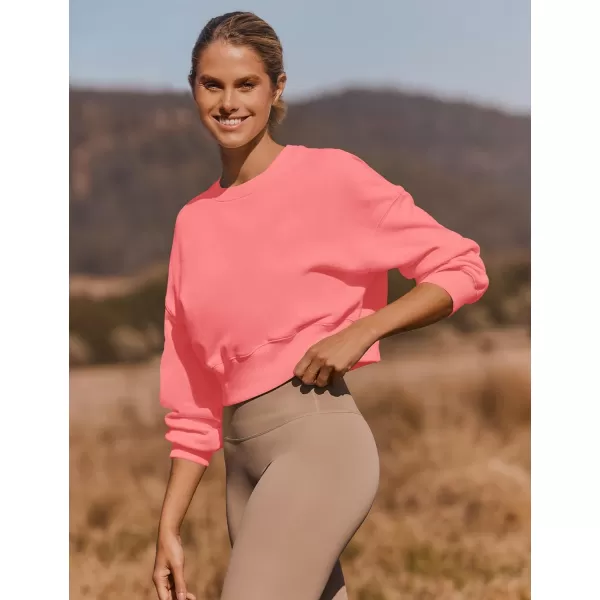 imageZESICA Womens 2024 Crop Sweatshirts Casual Long Sleeve Crewneck Solid Color Y2K Fleece Loose Pullover Sweatshirt TopsCoral