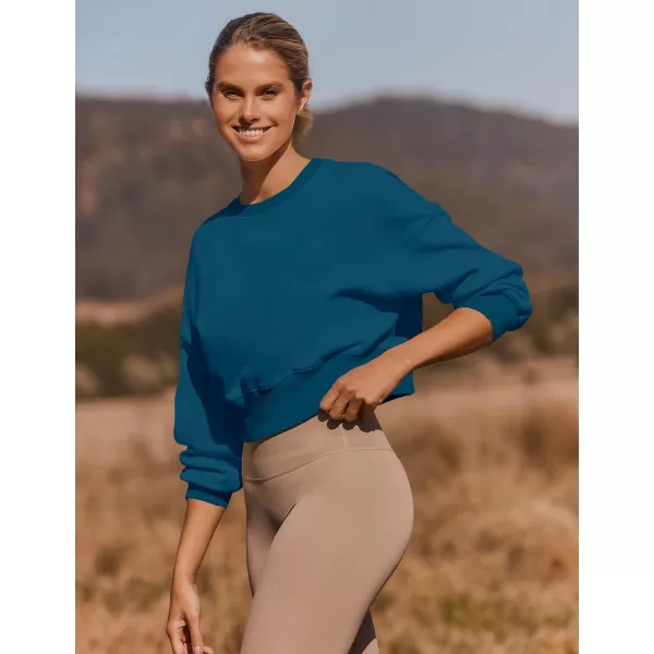 imageZESICA Womens 2024 Crop Sweatshirts Casual Long Sleeve Crewneck Solid Color Y2K Fleece Loose Pullover Sweatshirt TopsNavy
