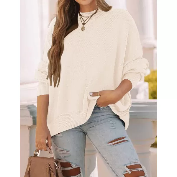 imageZESICA Womens 2024 Fall Casual Long Sleeve Crew Neck Side Slit Oversized Ribbed Knit Pullover Sweater TopsBeige