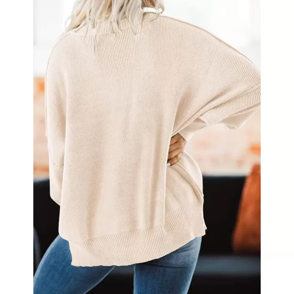 imageZESICA Womens 2024 Fall Casual Long Sleeve Crew Neck Side Slit Oversized Ribbed Knit Pullover Sweater TopsBeige
