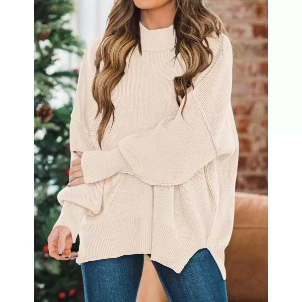 imageZESICA Womens 2024 Fall Casual Long Sleeve Crew Neck Side Slit Oversized Ribbed Knit Pullover Sweater TopsBeige