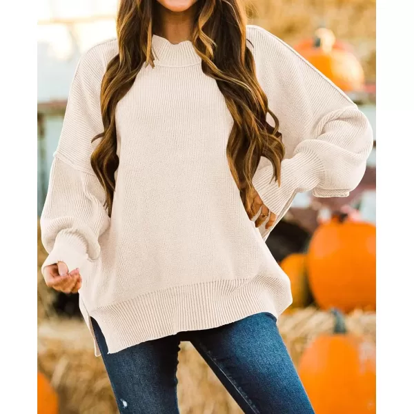imageZESICA Womens 2024 Fall Casual Long Sleeve Crew Neck Side Slit Oversized Ribbed Knit Pullover Sweater TopsBeige