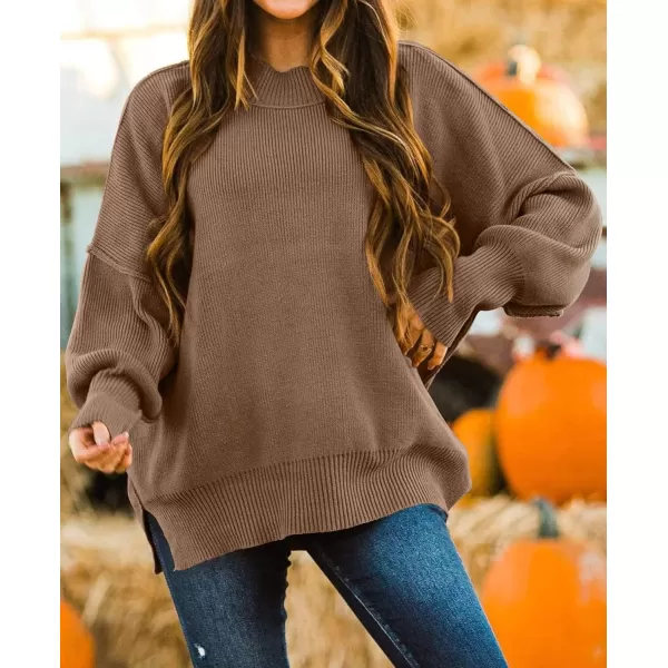 imageZESICA Womens 2024 Fall Casual Long Sleeve Crew Neck Side Slit Oversized Ribbed Knit Pullover Sweater TopsCoffee