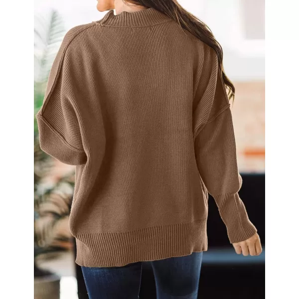 imageZESICA Womens 2024 Fall Casual Long Sleeve Crew Neck Side Slit Oversized Ribbed Knit Pullover Sweater TopsCoffee