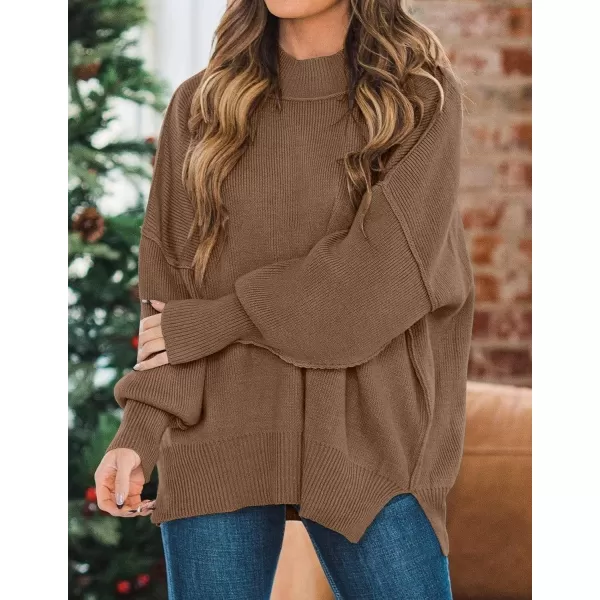imageZESICA Womens 2024 Fall Casual Long Sleeve Crew Neck Side Slit Oversized Ribbed Knit Pullover Sweater TopsCoffee