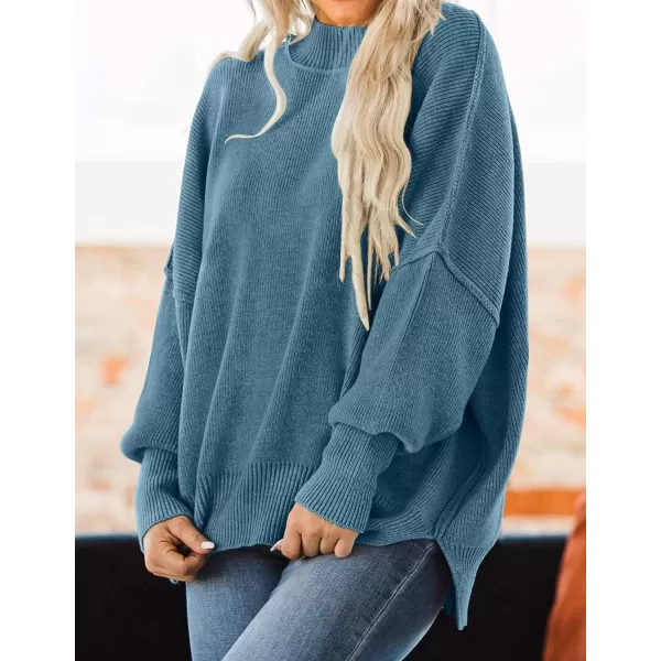imageZESICA Womens 2024 Fall Casual Long Sleeve Crew Neck Side Slit Oversized Ribbed Knit Pullover Sweater TopsDusty Blue