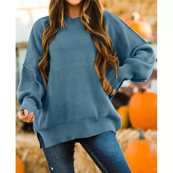 imageZESICA Womens 2024 Fall Casual Long Sleeve Crew Neck Side Slit Oversized Ribbed Knit Pullover Sweater TopsDusty Blue