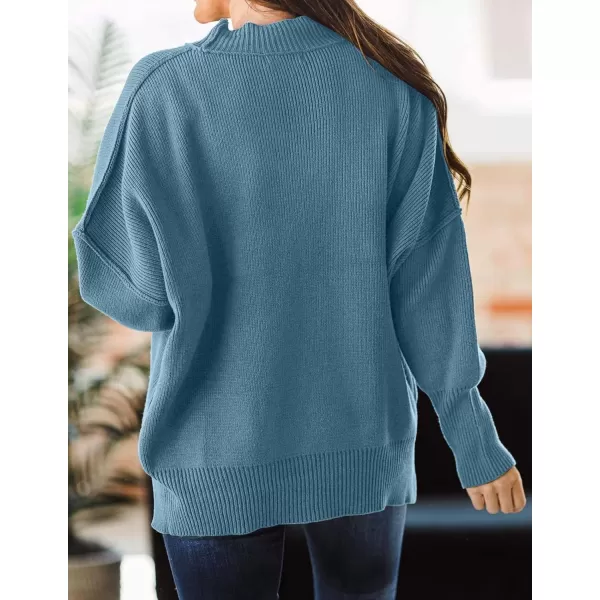 imageZESICA Womens 2024 Fall Casual Long Sleeve Crew Neck Side Slit Oversized Ribbed Knit Pullover Sweater TopsDusty Blue
