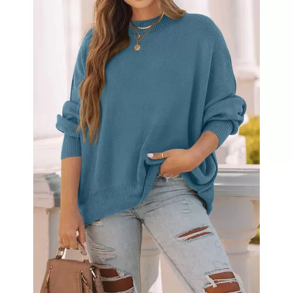 imageZESICA Womens 2024 Fall Casual Long Sleeve Crew Neck Side Slit Oversized Ribbed Knit Pullover Sweater TopsDusty Blue