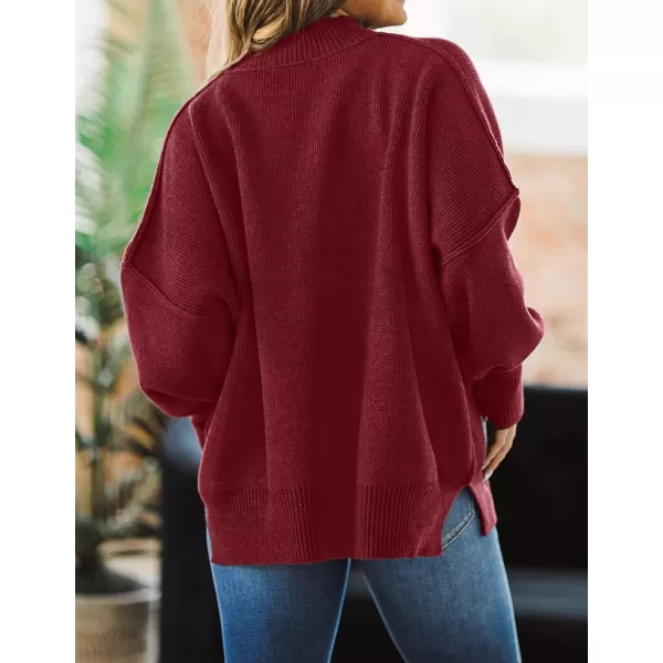 imageZESICA Womens 2024 Fall Casual Long Sleeve Crew Neck Side Slit Oversized Ribbed Knit Pullover Sweater TopsWine