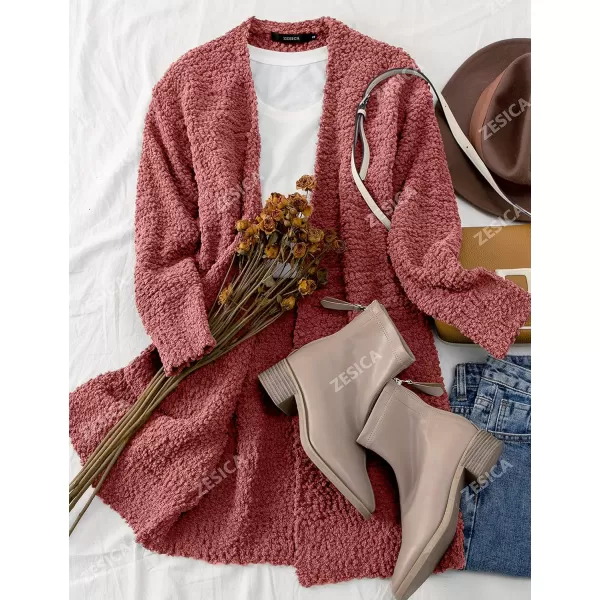 imageZESICA Womens 2024 Fall Casual Long Sleeve Open Front Soft Chunky Knit Sweater Cardigan OuterwearTearose