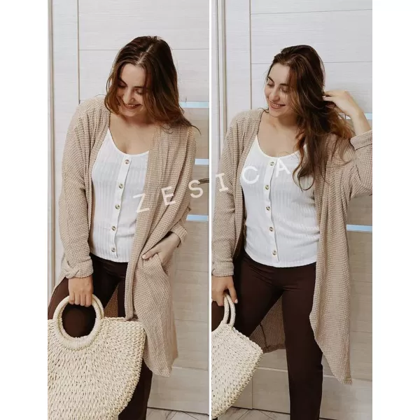 imageZESICA Womens 2024 Fall Casual Waffle Knit Solid Color Long Batwing Sleeve Oversized Open Front Sweater Cardigan CoatApricot